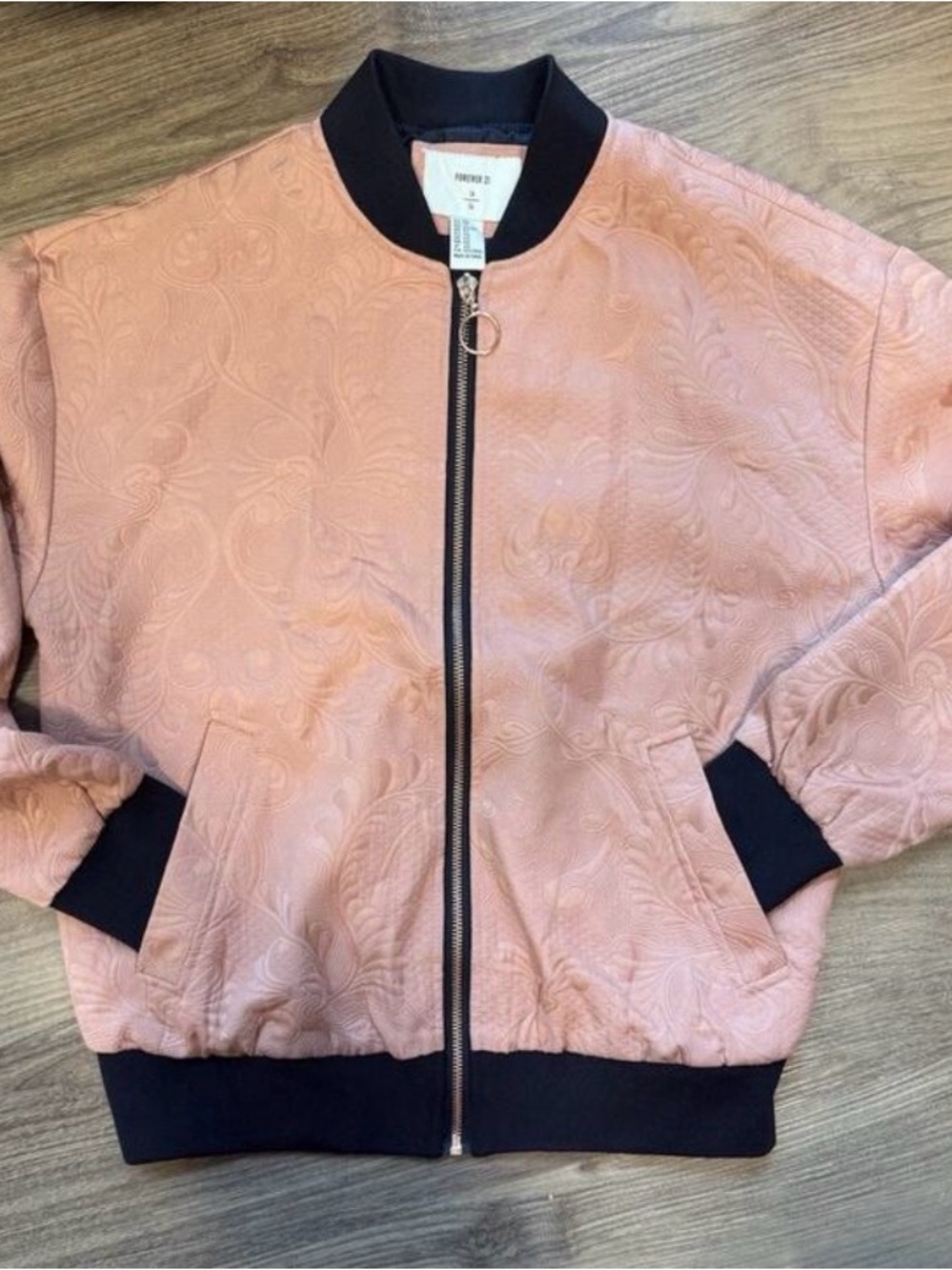 Forever 21 Womens XS Pink Floral Jacquard Bomber Jacket Black Trim Zip Front